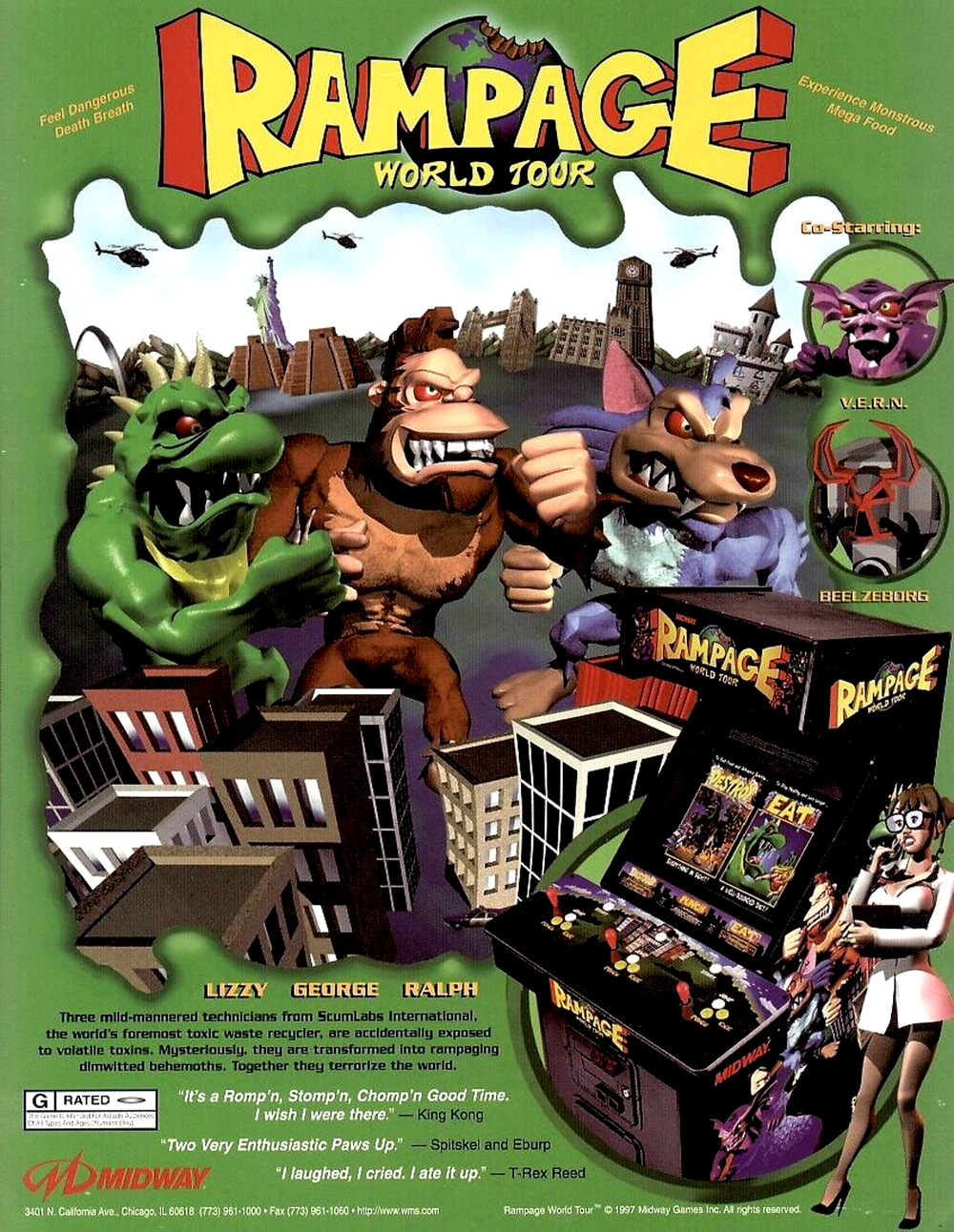 Rampage World Tour Video Arcade Game FLYER Original Ape Wolf Beast Monsters Art